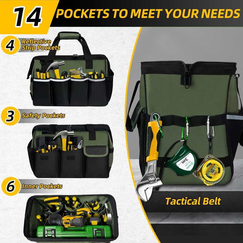 NECKORY Tool Bag, Portable Tool Box Organizer Adjustable Shoulder Strap, Carry Tool Tote Heavy Duty Tool Storage Bag With Wide Mouth,Tool Bags for Men Mechanic EngineerGift - M, Army Green & Black - Image 4